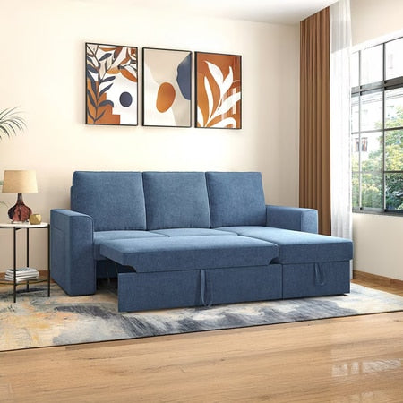 Kowloon Sectional Pull Out Sofa Cum Bed with Storage in Baltic Blue Colour